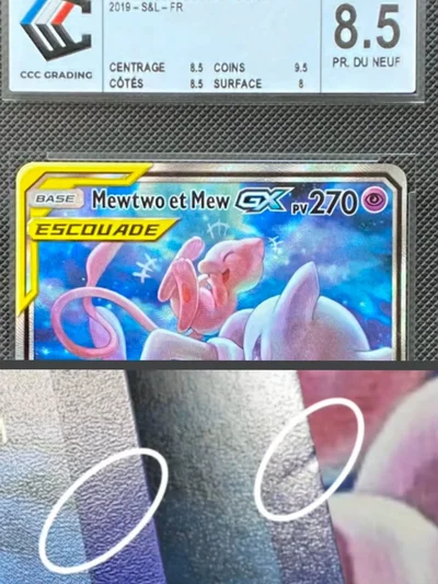 Mewtwo et Mew GX après restauration, gradée 8.5 chez CCC Grading
